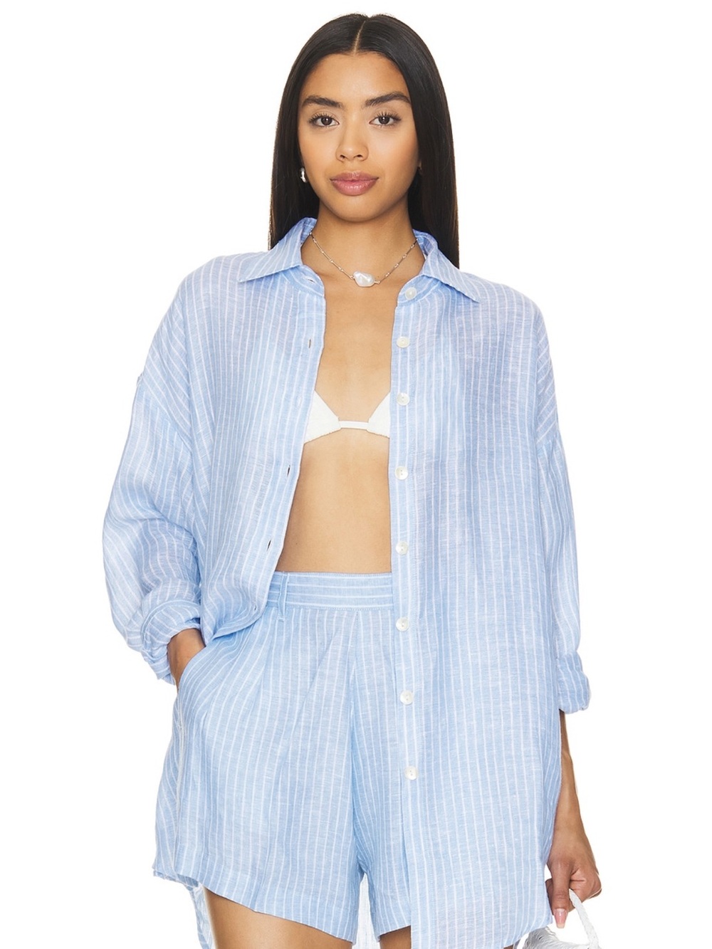 Vitamin A Light Blue & White Striped Getaway Shorts